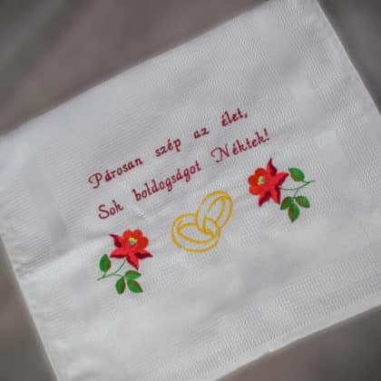 "Párosan szép az élet..." feliratú konyharuha